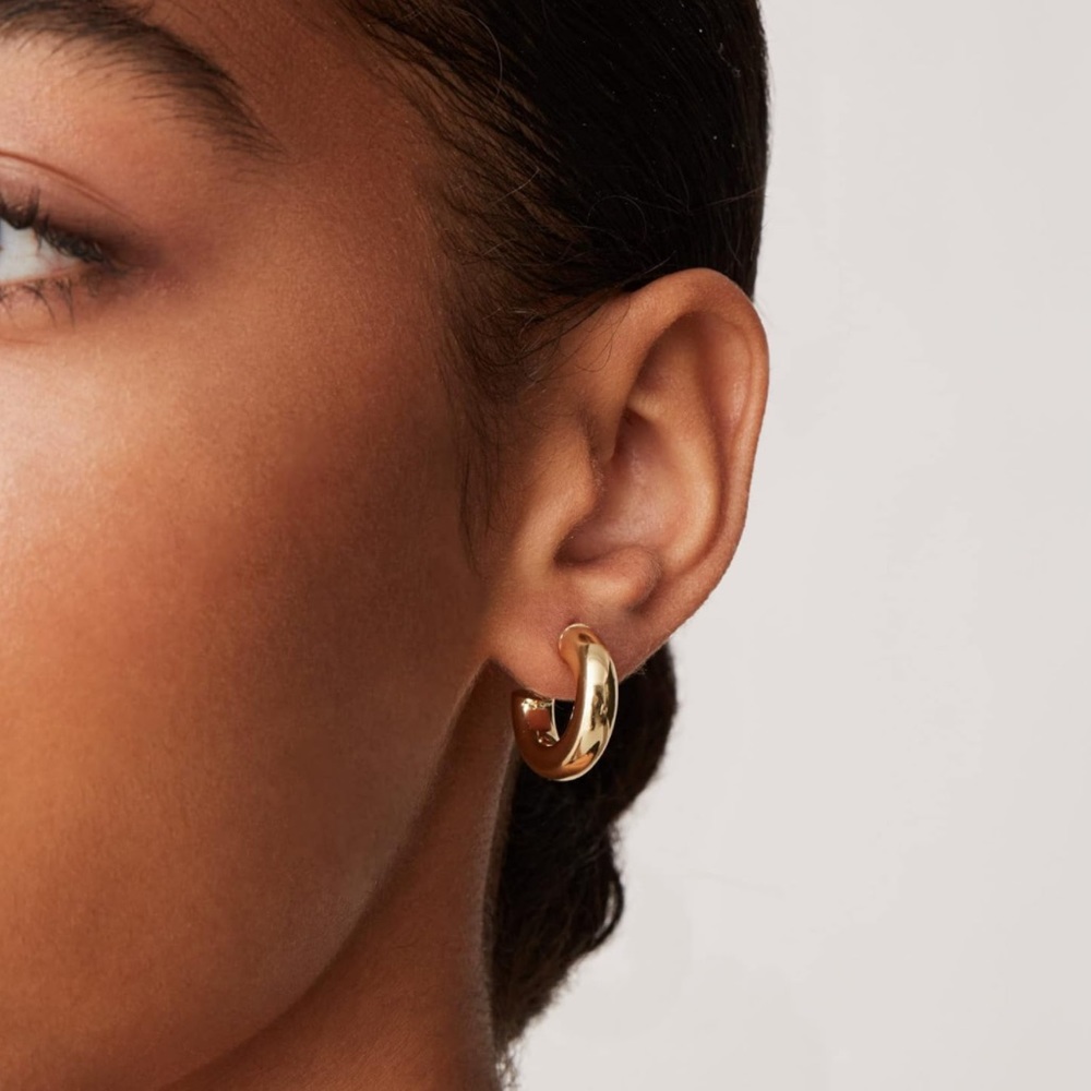 14K Gold Plated Small Lightweight Chunky Open Hoops Gold Hoop Earrings f… - Picture 2 of 4